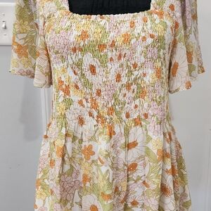 Mittoshop Floral Smocked Blouse in Orange and Green